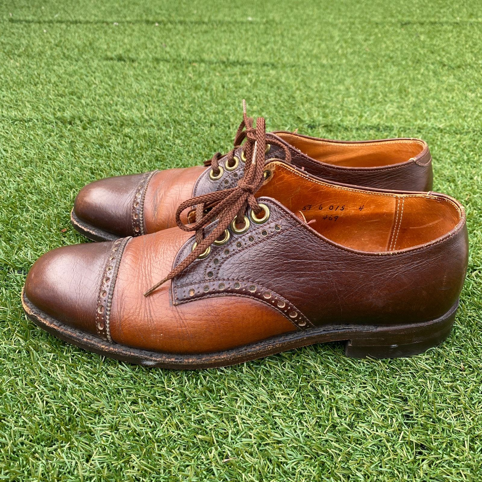 Alden 469 Dark Brown and Burnished Tan Scotch Grain Perforated Straight Tip Blucher Spectator