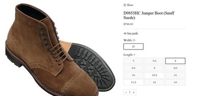 Alden D9853HC Snuff Suede Perforated Cap Toe Boot